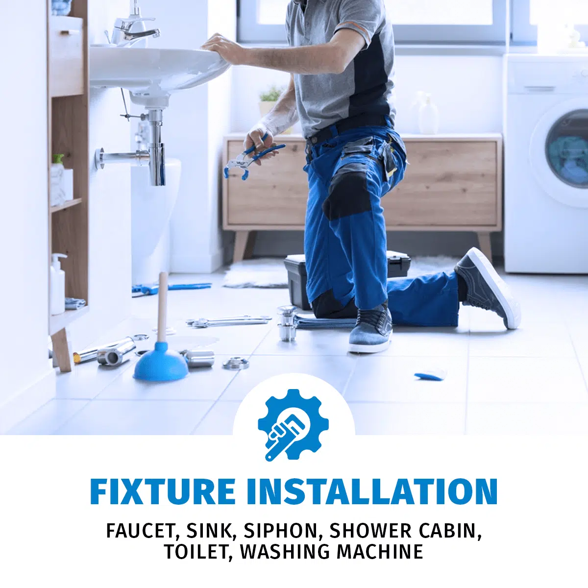 Installation of washing machines, toilets, faucets, sinks, shower cabins and siphons